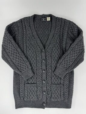 Grey Cardigan sweater Sz XL Cable Knit Fisherman Merino Made in Ireland